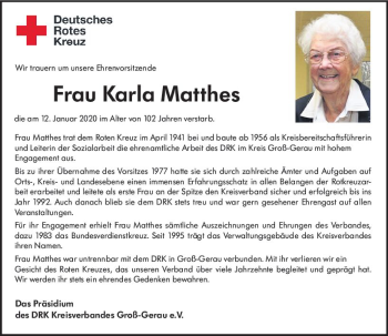 Traueranzeige von Karla Matthes von vrm-trauer