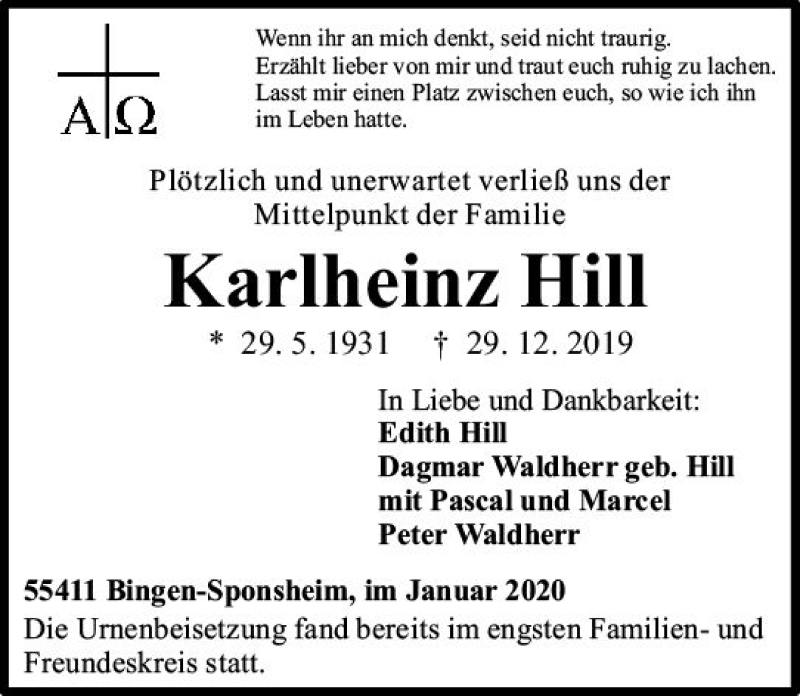  Traueranzeige für Karlheinz Hill vom 18.01.2020 aus vrm-trauer