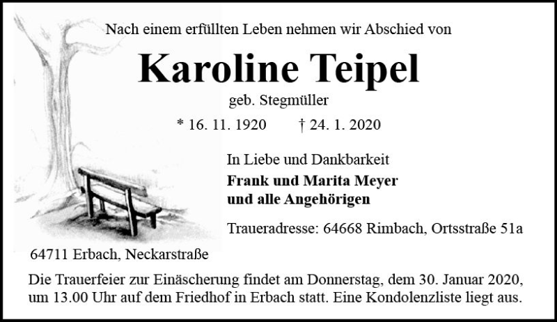  Traueranzeige für Karoline Teipel vom 27.01.2020 aus vrm-trauer