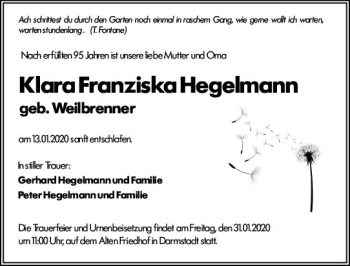 Traueranzeige von Klara Franziska Hegelmann von vrm-trauer