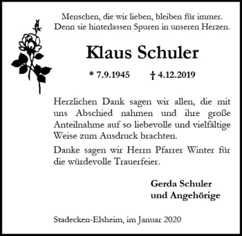 Traueranzeige von Klaus Schuler von vrm-trauer