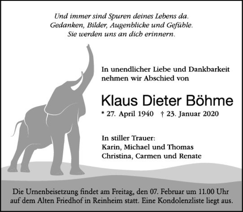  Traueranzeige für Klaus Dieter Böhme vom 01.02.2020 aus vrm-trauer