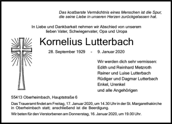 Traueranzeige von Kornelius Lutterbach von vrm-trauer