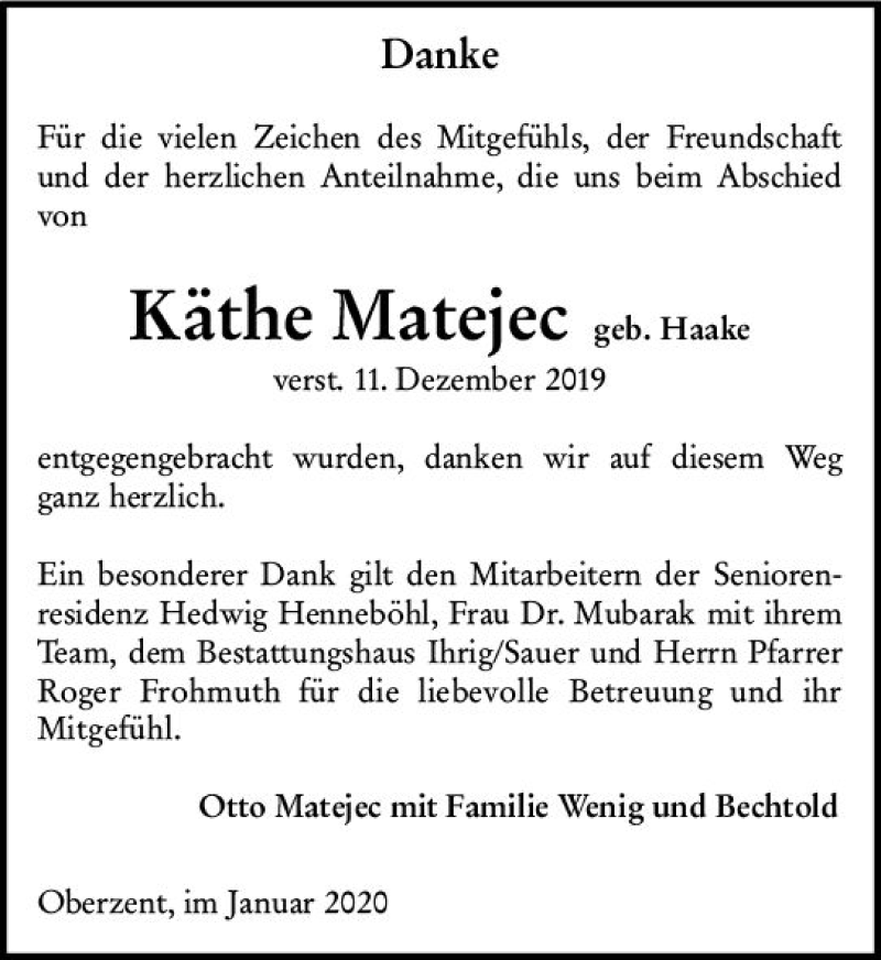  Traueranzeige für Käthe Matejec vom 18.01.2020 aus vrm-trauer