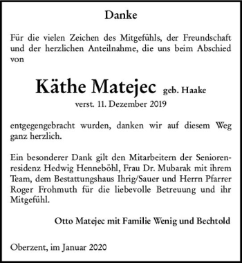 Traueranzeige von Käthe Matejec von vrm-trauer