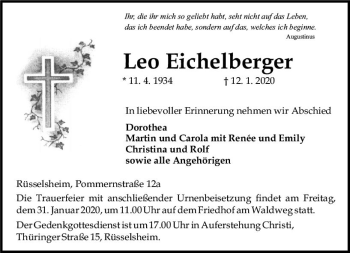Traueranzeige von Leo Eichelberger von vrm-trauer