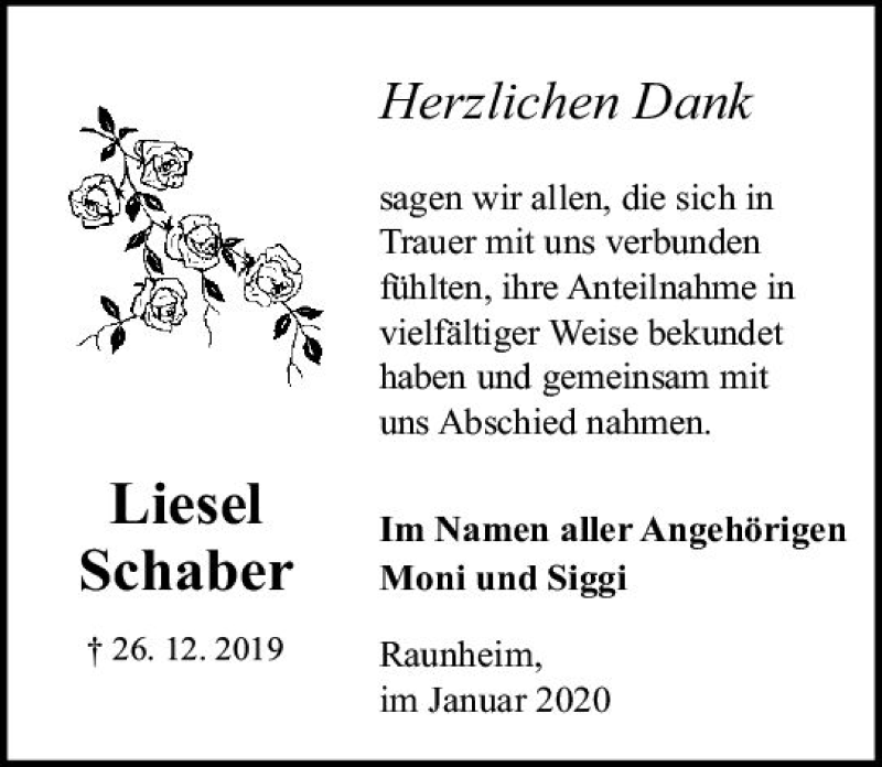 Traueranzeige für Liesel Schaber vom 18.01.2020 aus vrm-trauer