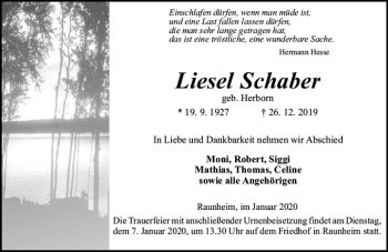 Traueranzeige von Liesel Schaber von vrm-trauer