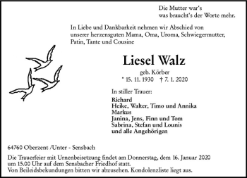 Traueranzeige von Liesel Walz von vrm-trauer
