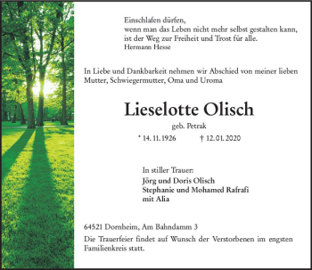 Traueranzeige von Lieselotte Olisch von vrm-trauer