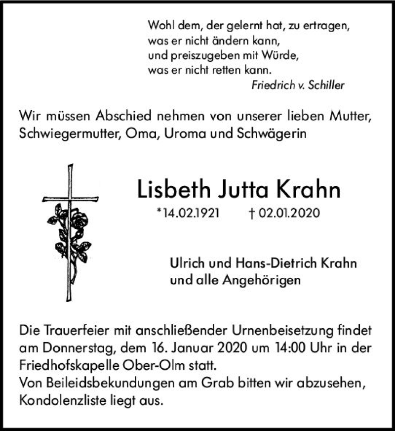 Traueranzeige für Lisbeth Jutta Krahn vom 11.01.2020 aus vrm-trauer