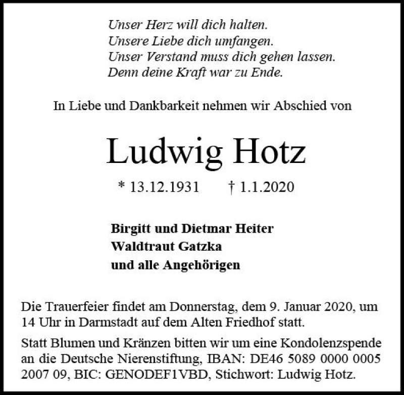  Traueranzeige für Ludwig Hotz vom 04.01.2020 aus vrm-trauer