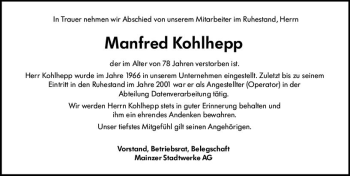 Traueranzeige von Manfred Kohlhepp von vrm-trauer