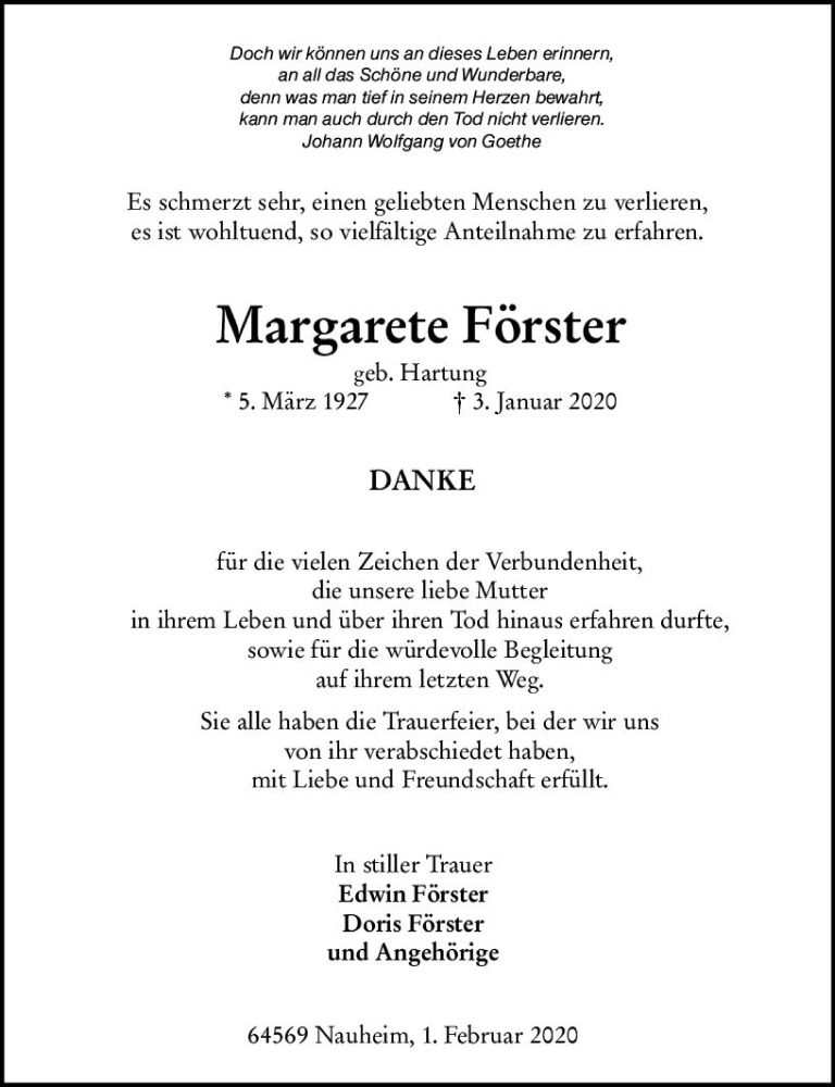  Traueranzeige für Margarete Förster vom 01.02.2020 aus vrm-trauer