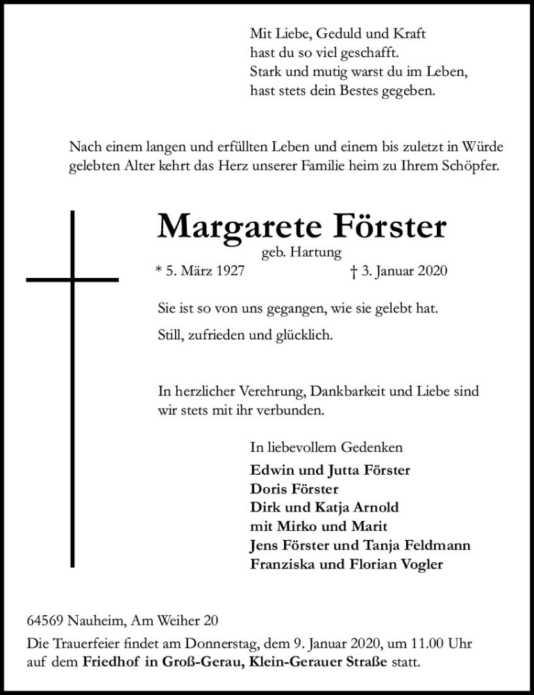  Traueranzeige für Margarete Förster vom 06.01.2020 aus vrm-trauer