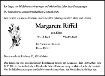 Traueranzeige von Margarete Riffel von vrm-trauer