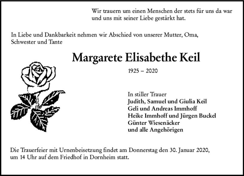  Traueranzeige für Margarete Elisabethe Keil vom 25.01.2020 aus vrm-trauer