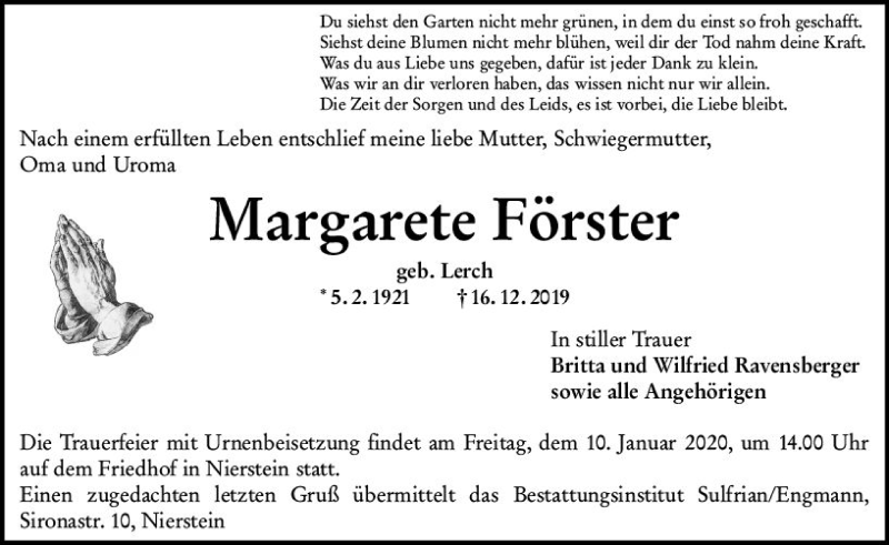  Traueranzeige für Margarete Förster vom 03.01.2020 aus vrm-trauer