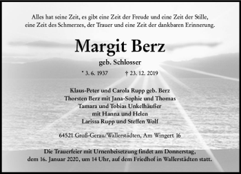 Traueranzeige von Margit Berz von vrm-trauer