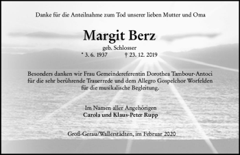 Traueranzeige von Margit Berz von vrm-trauer