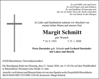 Traueranzeige von Margit Schmitt von vrm-trauer