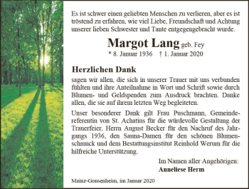 Traueranzeige von Margot Lang von vrm-trauer