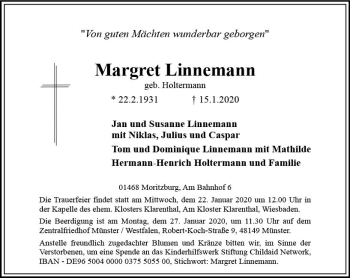 Traueranzeige von Margret Linnemann von vrm-trauer