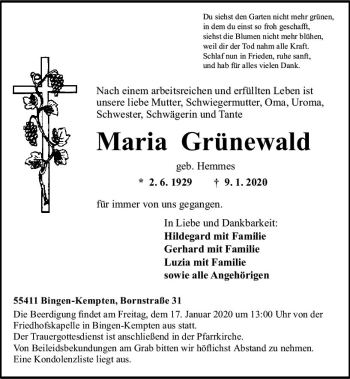 Traueranzeige von Maria Grünewald von vrm-trauer