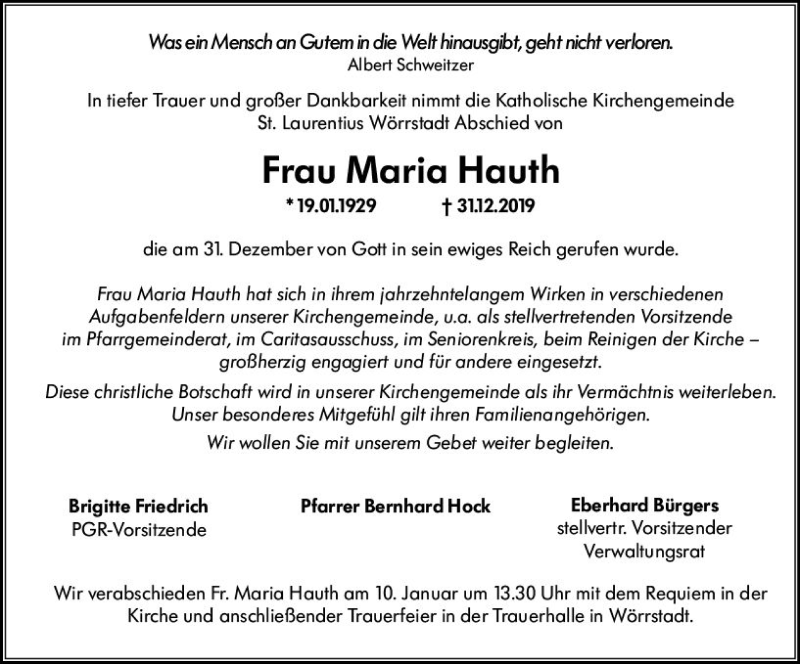  Traueranzeige für Maria Hauth vom 09.01.2020 aus vrm-trauer