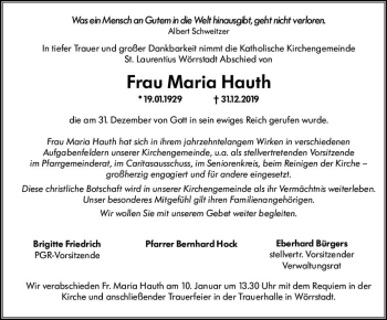 Traueranzeige von Maria Hauth von vrm-trauer