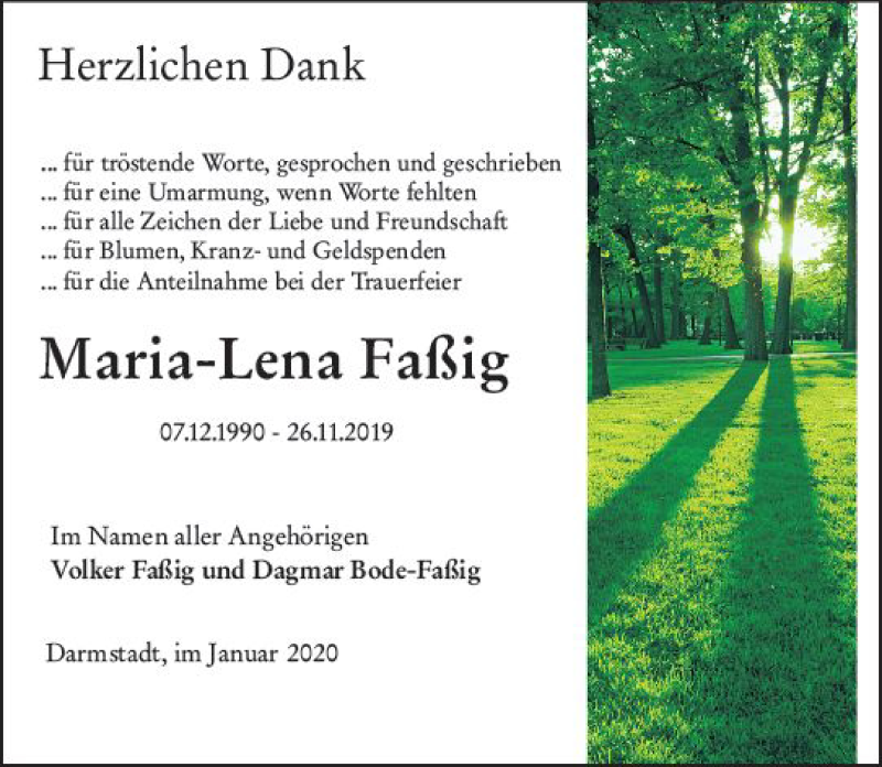  Traueranzeige für Maria-Lena Faßig vom 04.01.2020 aus vrm-trauer