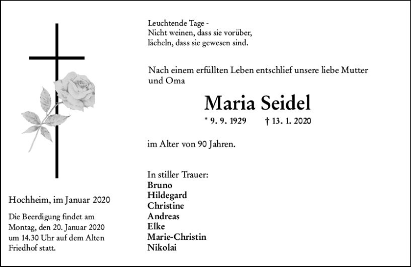  Traueranzeige für Maria Seidel vom 17.01.2020 aus vrm-trauer