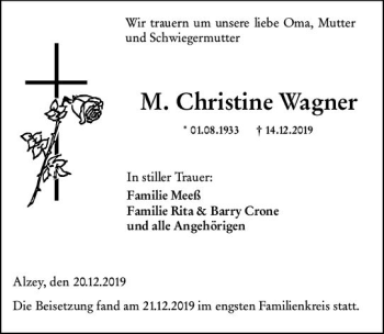 Traueranzeige von Maria Christine Wagner von vrm-trauer