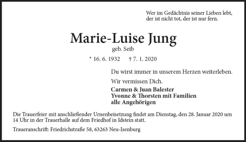  Traueranzeige für Marie-Luise Jung vom 25.01.2020 aus vrm-trauer