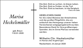 Traueranzeige von Marisa Heckelsmüller von vrm-trauer