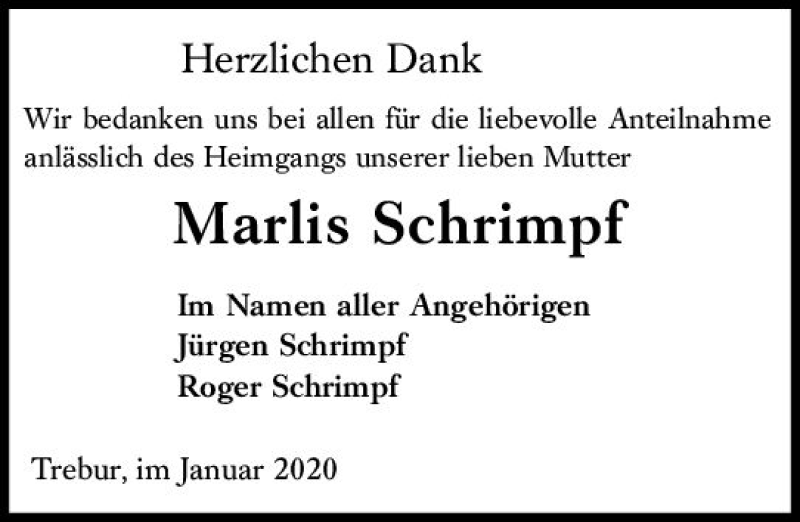  Traueranzeige für Marlis Schrimpf vom 24.01.2020 aus vrm-trauer
