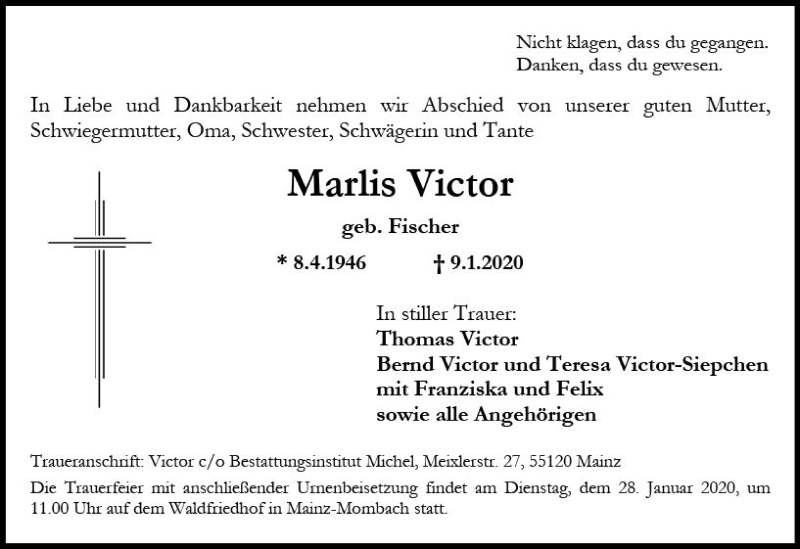  Traueranzeige für Marlis Victor vom 18.01.2020 aus vrm-trauer