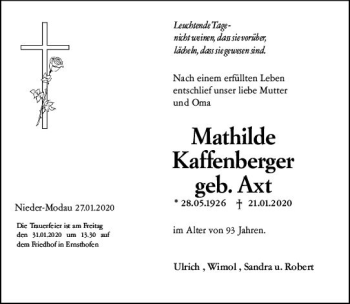 Traueranzeige von Mathilde Kaffenberger von vrm-trauer