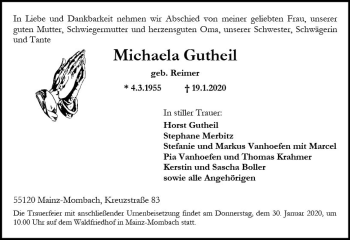 Traueranzeige von Michaela Gutheil von vrm-trauer