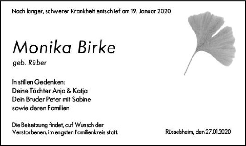  Traueranzeige für Monika Birke vom 27.01.2020 aus vrm-trauer