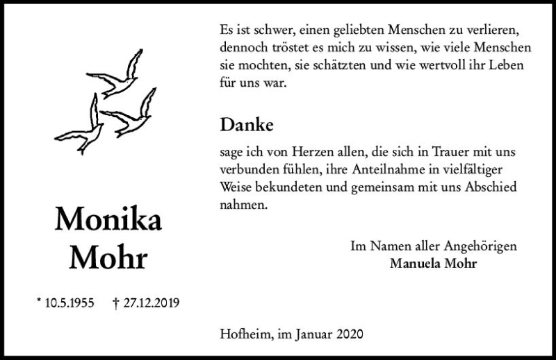  Traueranzeige für Monika Mohr vom 17.01.2020 aus vrm-trauer