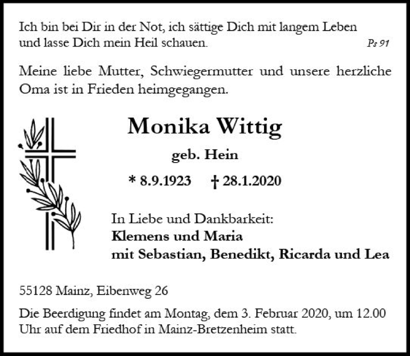  Traueranzeige für Monika Wittig vom 01.02.2020 aus vrm-trauer