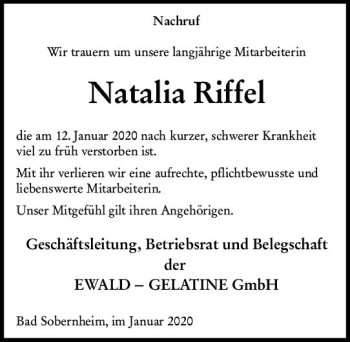 Traueranzeige von Natalia Riffel von vrm-trauer