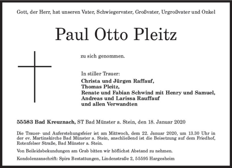  Traueranzeige für Paul Otto Pleitz vom 18.01.2020 aus vrm-trauer