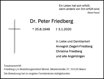 Traueranzeige von Peter Friedberg von vrm-trauer