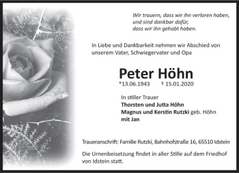 Traueranzeige von Peter Höhn von vrm-trauer