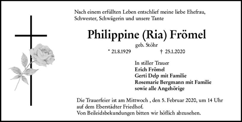  Traueranzeige für Philippine Frömel vom 01.02.2020 aus vrm-trauer