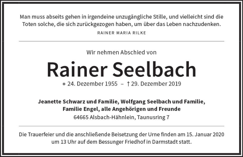  Traueranzeige für Rainer Seelbach vom 04.01.2020 aus vrm-trauer