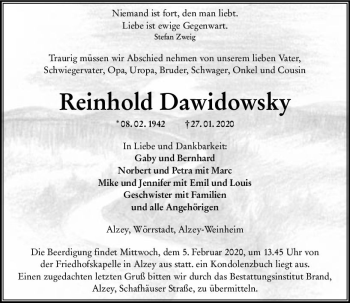 Traueranzeige von Reinhold Dawidowsky von vrm-trauer