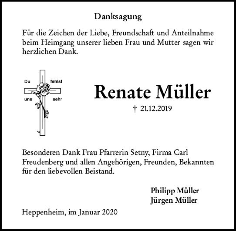  Traueranzeige für Renate Müller vom 18.01.2020 aus vrm-trauer